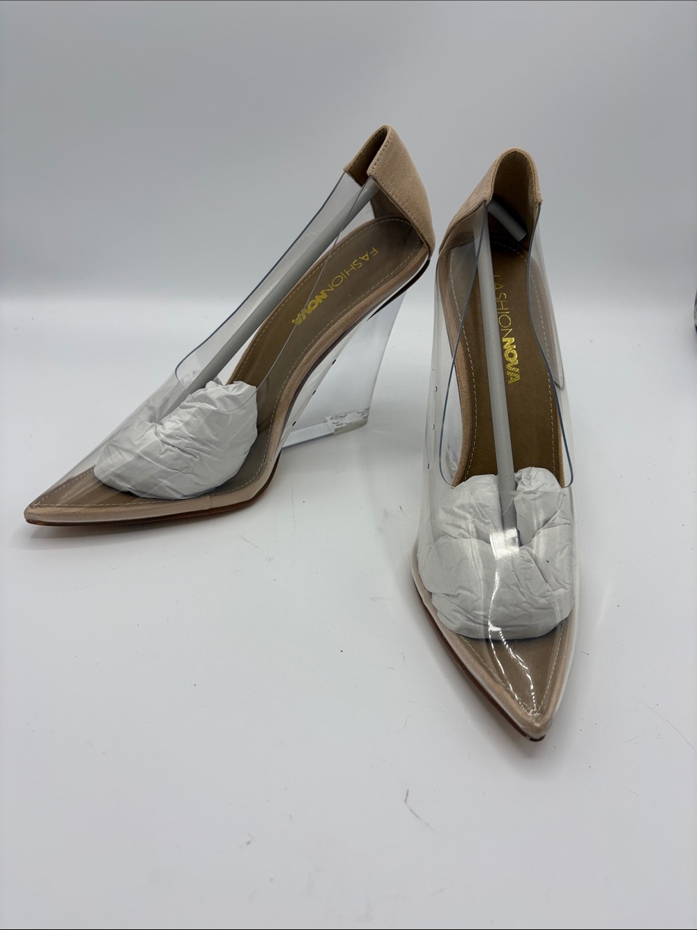 Fashion Nova Clear Pointed Toe Pump in Beige